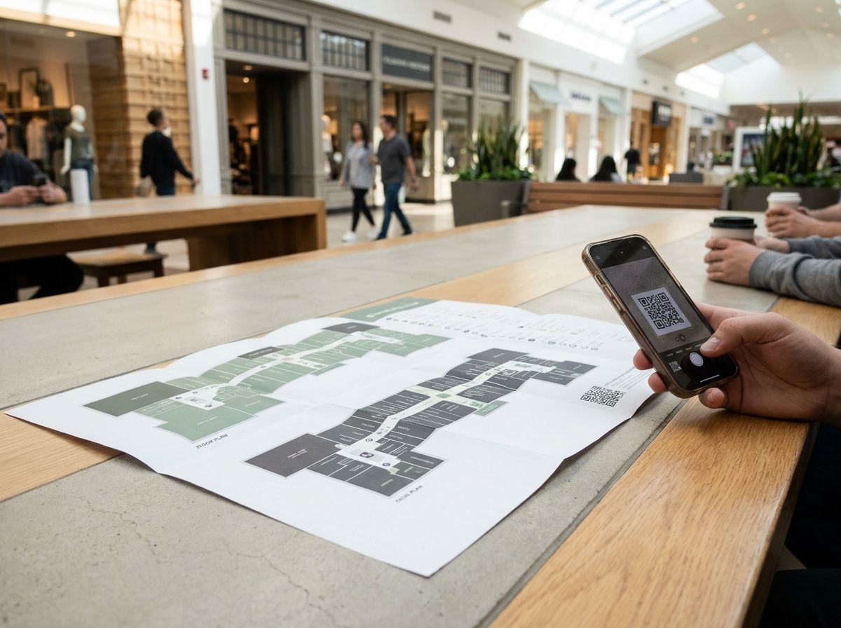 A shopping mall map organized by zones and floors helps visitors decide on a route before walking