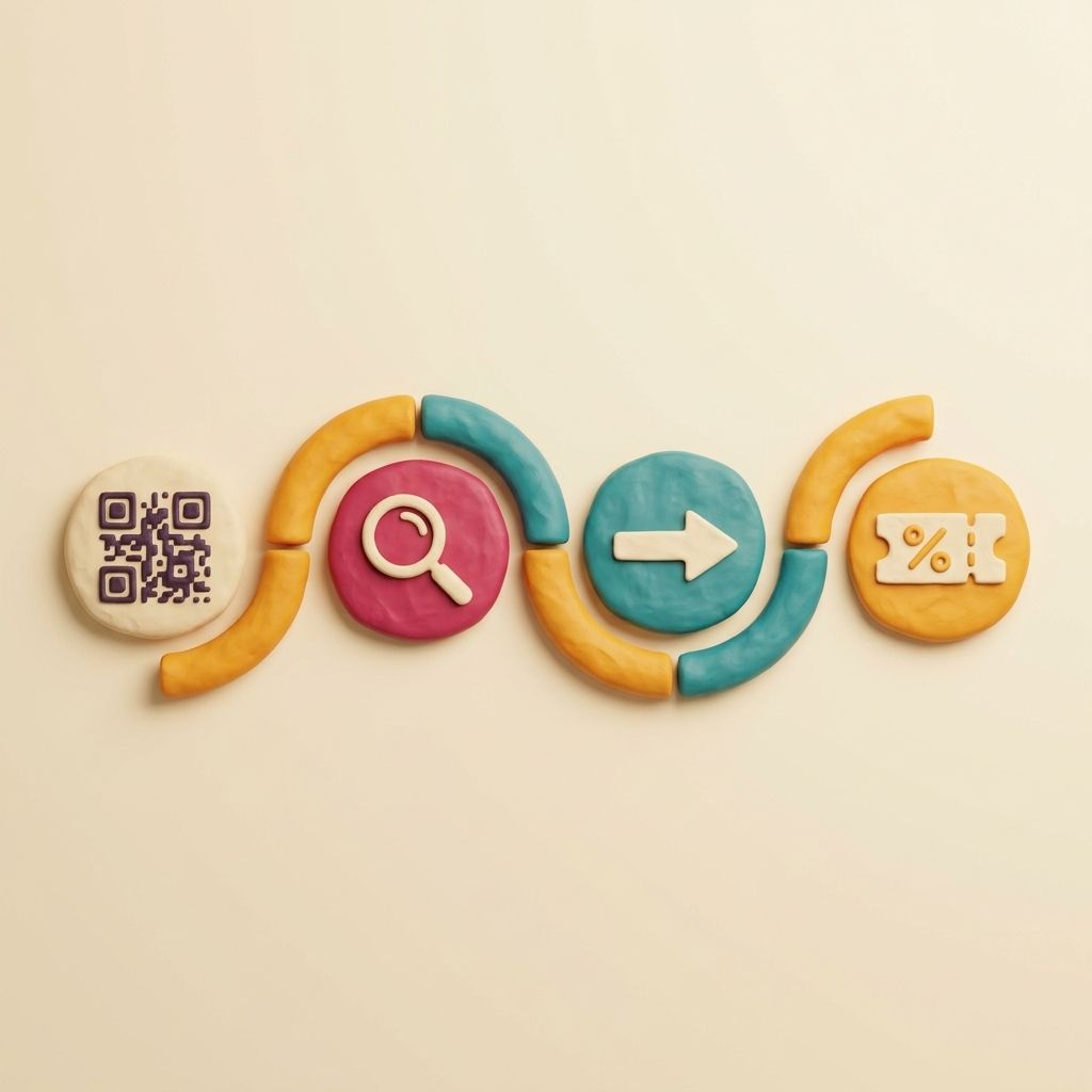 Illustrated diagram connecting QR, search, route, and promotion