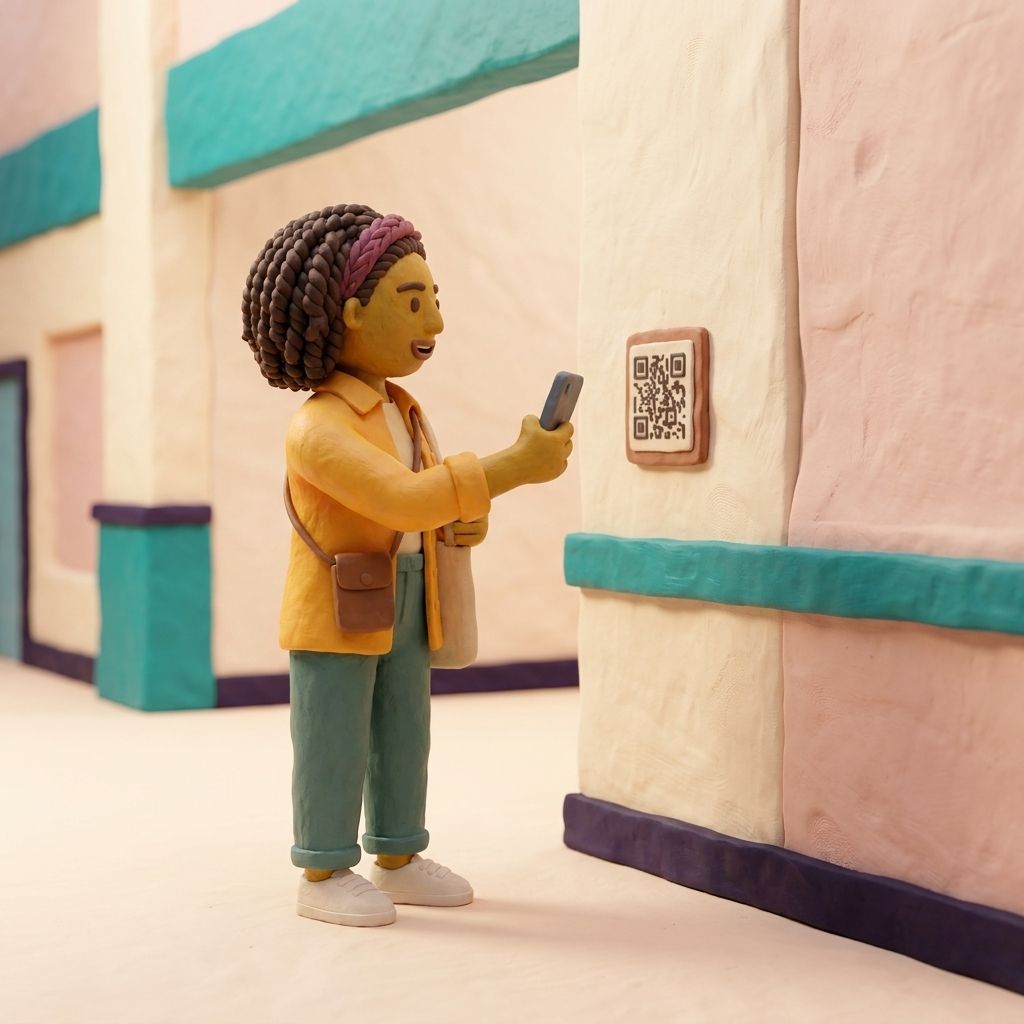 A visitor scans a QR code in the mall corridor