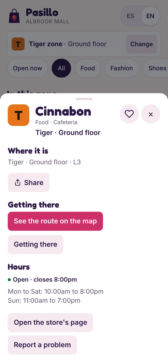 A store listing in the guide: where it is, how to get there, and its hours